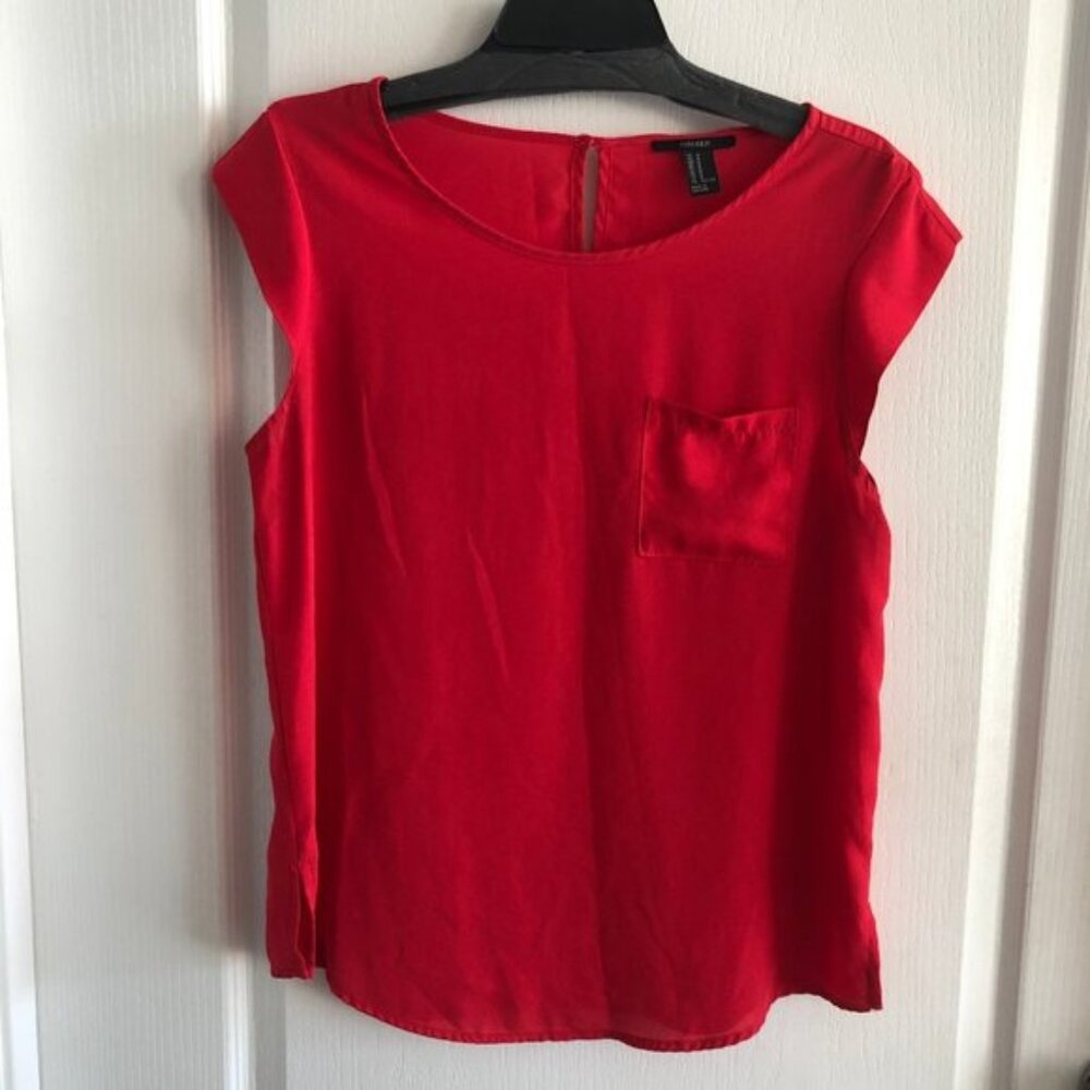 Forever 21 Red top blouse front pocket sheer short sleeves Sz.M